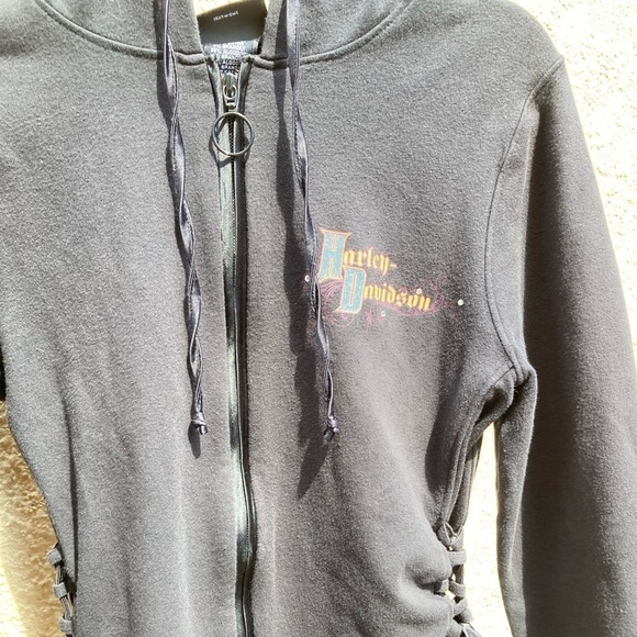 Women's Harley Davidson Hoodie Spell-Out Double Side M Lace Biker Full Zip Cycle - Picture 7 of 16